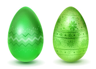 Two realistic Easter eggs with different surface texture, patterns and holiday symbols in green colors. With shadows on white background