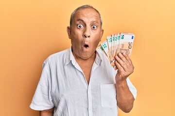 Handsome mature man holding bunch of 50 euro banknotes scared and amazed with open mouth for...