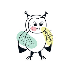 Owl outline color drawing. Abstract line animal illustration on white background