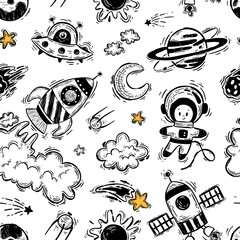 Cosmos seamless pattern on a white background. Rocket, space shuttle, astronaut, stars, UFO, moon, satellite, planets, sun. Doodle universe. Vector astronomy texture for printing on fabric.
