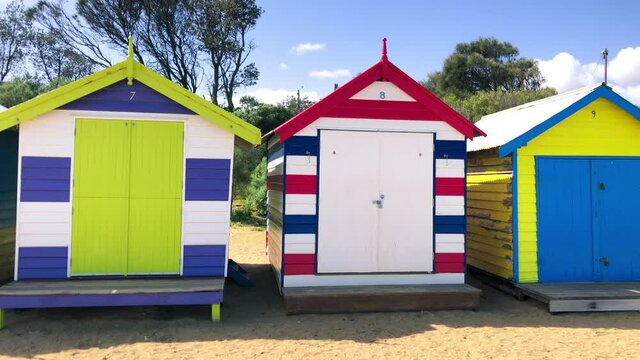 BRIGHTON BEACH, AUSTRALIA - SEPTEMBER 9, 2018: Panoramic view of famous colorful huts on the beach