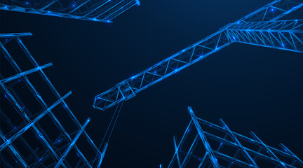 Tower crane in the process of building construction. The architectural design industry. The frame of a skyscraper. Polygonal construction. Blue background.