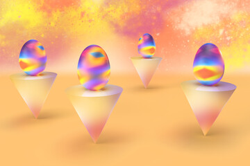 abstract and fantasy colorful eggs on figure cone for happy Easter  background.