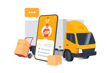 Delivery with people characters, Scooters, Truck, and Smartphone. Online order and couriers delivery at home, global shipping and local distribution, logistics situations.	