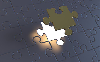 jigsaw puzzle with golden missing piece - 3D illustration