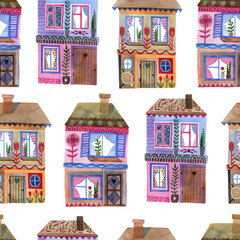 Seamless watercolor pattern of two-story wooden houses with large windows.