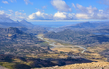 Beautiful aerial view of the Rio Ibanez and Villa Cerro Castillo, Aysen, Patagonia, Chile