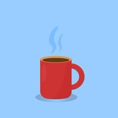 Red coffee mug on blue background. Illustration.