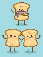 Set of cute white bread with a different expression. cartoon character and illustration.