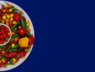 Mix of varied and multicolored pepper fruits of various species, pout, chilli, rabanero, scorpion, girl finger and others