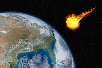 Dangerous asteroid approaching planet Earth, total disaster and life extinction, elements of this image furnished by NASA © lukszczepanski