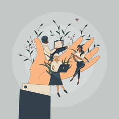 Tiny office workers sitting on huge hand. Concept of good comfortable environment at work, favorable psychological climate,high pay and freedom of creativity for employees. Vector flat illustration