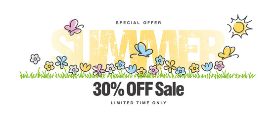 Special offer Summer Sale 30 % off with colorful spring flowers butterflies tulips in grass isolated white background
