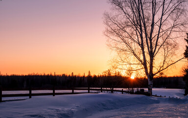 Sunset on winter farmland