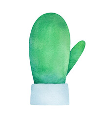 Watercolor illustration of cozy winter glove with white plush cuff. One single object, front view. Handdrawn watercolour graphic drawing, cold weather accessory, cutout clip art element for design.