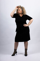 mature plus size model woman wearing black clothes, xxl woman on white background