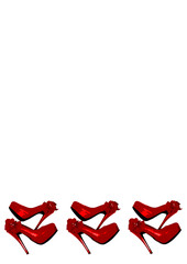 Frames on a white background A4, vertical - Dressed red shoes on the platform with a bow on a high thin heel.