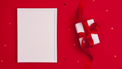 Stop motion animation of mockup white frame flat lay of white gift box with a red satin ribbon bow on the right and hearts on vibrant red background Mothers day holiday presents happy birthday concept - Powered by Adobe