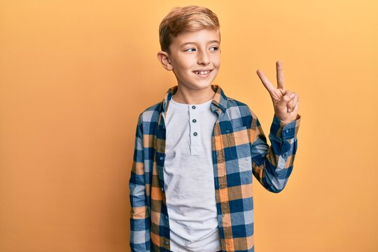 Little caucasian boy kid wearing casual clothes smiling with happy face winking at the camera doing victory sign. number two.