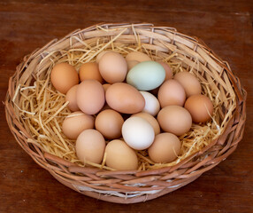 Free-range chicken eggs in straw basket, food rich in healthy protein