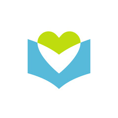 Heart and book logo design, book lover symbol, book readers club group - Vector