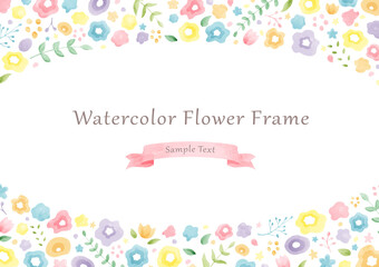 かわいい水彩の春の花フレーム─横長/ Cute Watercolor Flower Frame