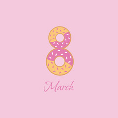 8 march women's day background greeting card. International lady's holiday design template. Colorful donuts and sprinkles.