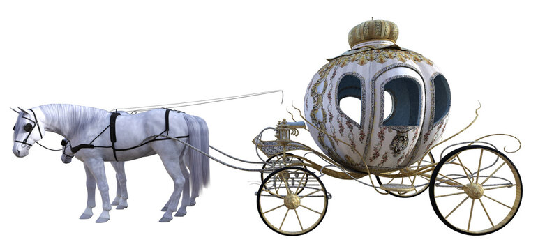 white horses pulling a princess cart isolated on white, 3d render.