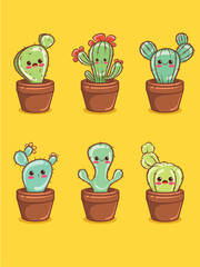 set of cute cactus cartoon characters and illustrations.