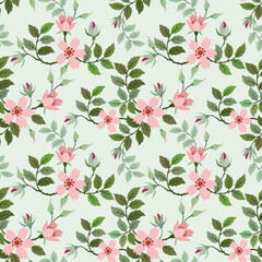 Seamless pattern with pink flowers on light green background for fabric, textile, and wallpaper.
