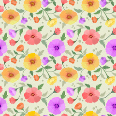 Colorful flowers seamless pattern on light green background.