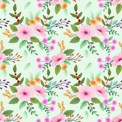 Seamless pattern colorful flowers on light green background for fashion prints, wrapping, textile, paper, wallpaper.