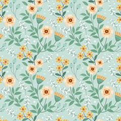 Fototapeta na wymiar Colorful hand draw flowers seamless pattern on light green background for fabric, textile, and wallpaper.