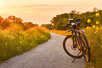 The mountain bike stands on a gravel bike path among green vegetation illuminated by the rays of...