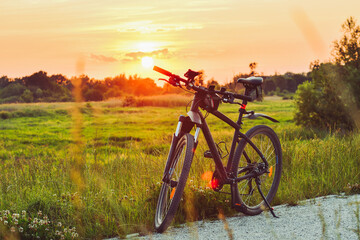 The mountain bike stands on a gravel bike path among green vegetation illuminated by the rays of...