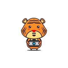 character design of tiger with a camera,cute style for t shirt, sticker, logo element