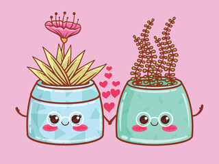 cute summer flower pot cartoon characters and illustrations. couple concept.