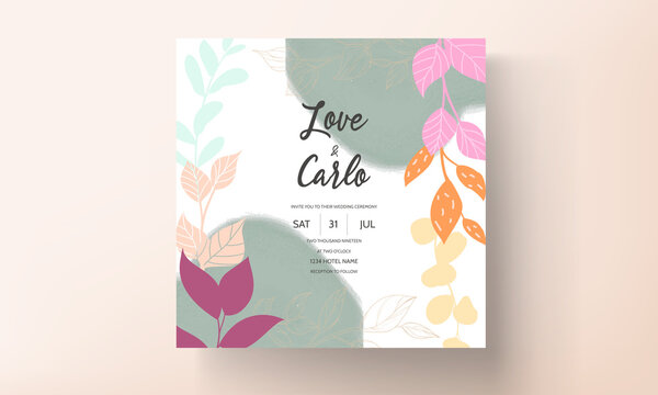 Flat floral design wedding card with gold leaf