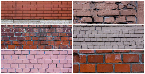 Collection of panoramic backgrounds with brick walls. Set of masonry textures. Surfaces of old weathered rough brickwork.
