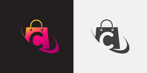 online shopping logo design concept, abstract bag with letter C vector logo design illustration concept