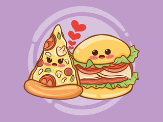 cute pizza slices and burger couple concept. cartoon
