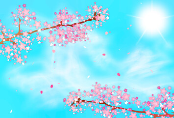 桜の花びらが舞う青空の背景