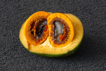 Delicious pequi fruits Caryocar brasiliense, Exotic and much appreciated fruit with a strong smell and flavor used for typical Brazilian savory recipes. It has dangerous spines inside its core.