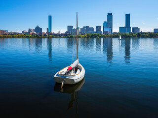 Tranquil River Landscape with Mooring Yacht over the Charles River in Boston, Massachusetts