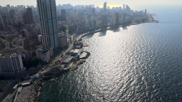 Aerial Drone shot of Beirut's waterfront showing Ein Mraisseh, AUB, and Manara