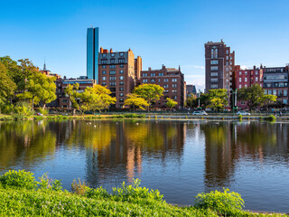 Boston City Skyline with Residential Buildings over Storrow Lagoon of Charles River