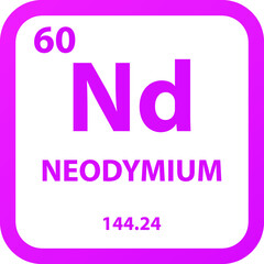 Neodymium Nd Lanthanide Chemical Element vector illustration diagram, with atomic number, mass and electron configuration. Simple outline flat   design for education, lab, science class.