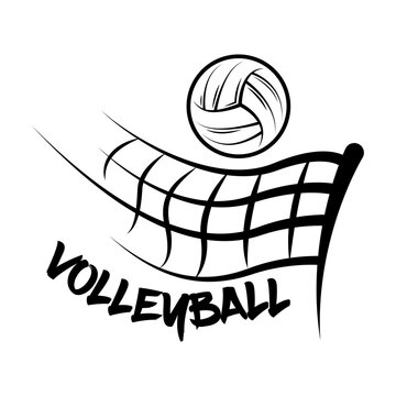 Logo Volleyball made with a drawing style. Volleyball ball fly over a volleyball net.