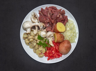 Ingredients for filet mignon stroganoff, top view