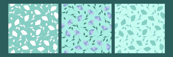 Set of simple blue floral and silhouette patterns. For textiles, packaging, phone cases.